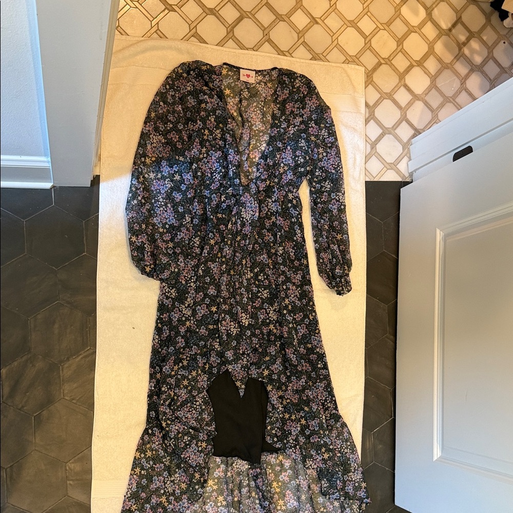 Buddy Love Black Floral Midi Dress with Lilac and Pink Blooms
